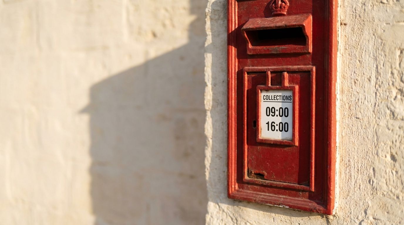 A red wall postbox in late sun; its enamel plate lists two collections, 09:00 and 16:00.